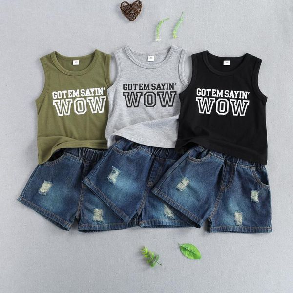 1-6y boys summer casual clothes sets fashion kids letter print sleeveless o-neck t-shirts+elastic waist ripped shorts jeans clothing, White
1-6y boys summer casual clothes sets fashion kids letter print sleeveless o-neck t-shirts+elastic waist ripped shorts jeans clothing, White