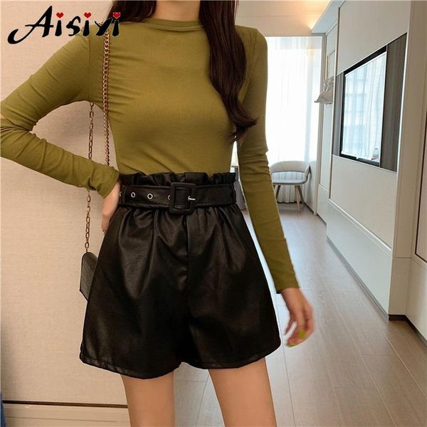 women's shorts sash belt pu leather high waist casual female winter fashion loose ruffled wide-legged white black 
women's shorts sash belt pu leather high waist casual female winter fashion loose ruffled wide-legged white black