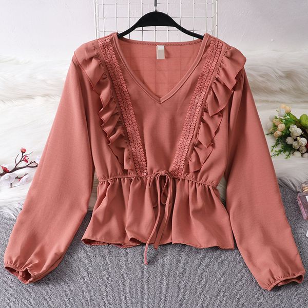 drawstring sash ruffles women blouse v-neck lace patchwork vintage blusa spring summer solid slim fashion lady 210419, White 
drawstring sash ruffles women blouse v-neck lace patchwork vintage blusa spring summer solid slim fashion lady 210419, White