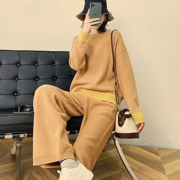 women's tracksuits early spring 2021 cashmere sweater knitted wide leg pants suit loose lazy crew neck two piece foreign, Gray
women's tracksuits early spring 2021 cashmere sweater knitted wide leg pants suit loose lazy crew neck two piece foreign, Gray