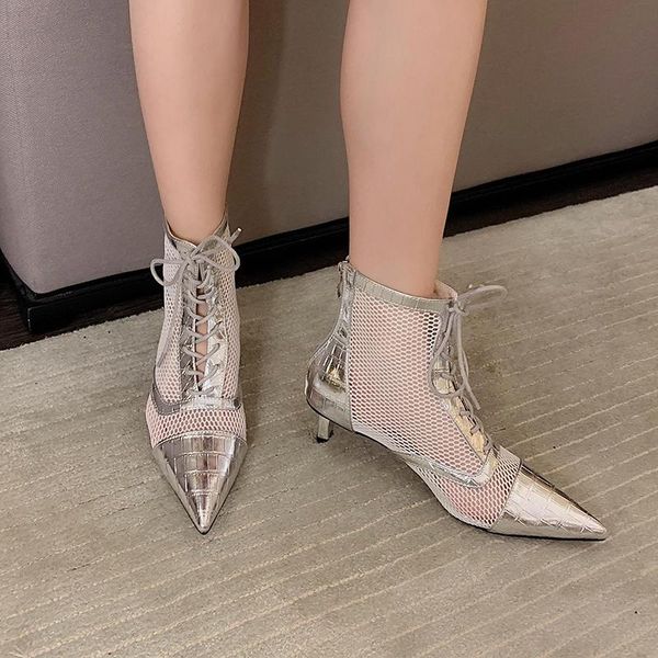 fashion women sandals boots pointed toe air mesh cross strap ankle thin mid heels short booties black silver
fashion women sandals boots pointed toe air mesh cross strap ankle thin mid heels short booties black silver