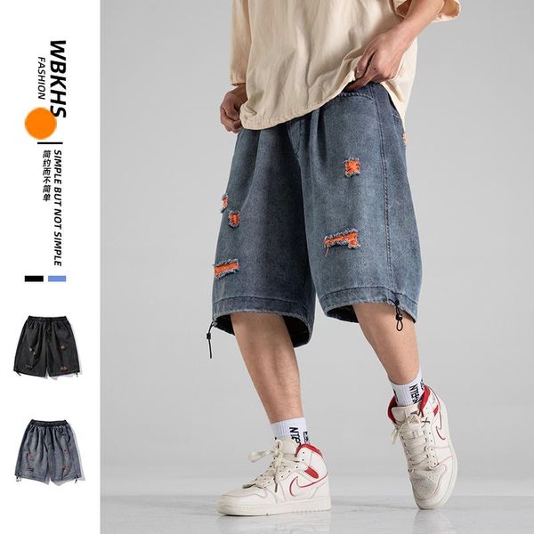 men's shorts 2021 summer men ripped denim casual drawsting knee length pants, White;black
men's shorts 2021 summer men ripped denim casual drawsting knee length pants, White;black