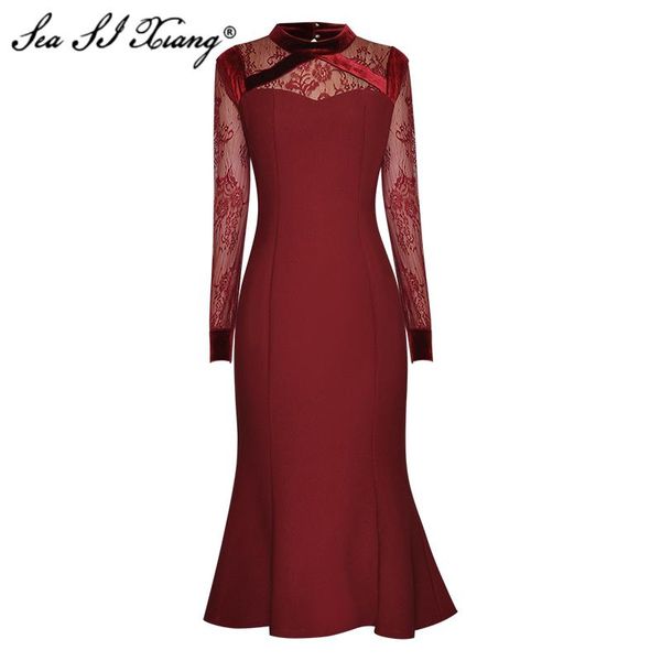 casual dresses seasixing fashion designer spring dress women's lace long sleeve velvet patchwork mermaid, Black;gray
casual dresses seasixing fashion designer spring dress women's lace long sleeve velvet patchwork mermaid, Black;gray