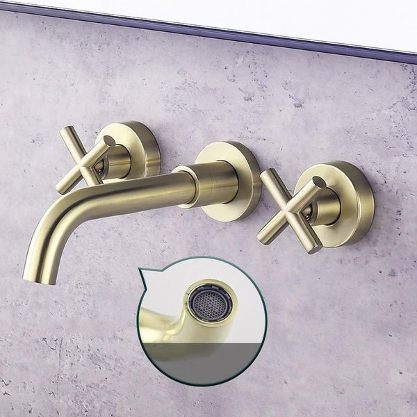 wall mounted brushed gold brass bathroom sink faucet three holes two handle basin mixer cold bath tap faucets
wall mounted brushed gold brass bathroom sink faucet three holes two handle basin mixer cold bath tap faucets