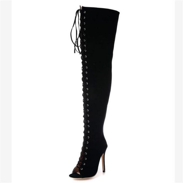 women's shoes flock lace up thin heels 12cm peep toe ultra high over the knee boots tube sandals, Black
women's shoes flock lace up thin heels 12cm peep toe ultra high over the knee boots tube sandals, Black