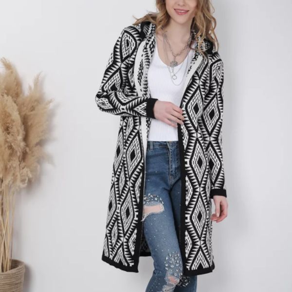 2021 autumn and winter new european and american womens clothing loose mid-length geometric rhombus hooded sweater womens casual knitted jac, White;black
2021 autumn and winter new european and american womens clothing loose mid-length geometric rhombus hooded sweater womens casual knitted jac, White;black
