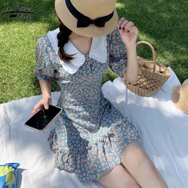 women chiffon dress summer fashion female puff sleeve vintage floral print peter pan collar boho casual vestido 14036 210427, Black;gray
women chiffon dress summer fashion female puff sleeve vintage floral print peter pan collar boho casual vestido 14036 210427, Black;gray