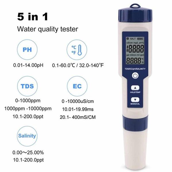 meters ez-9909 5 in 1 digital water tester ph/tds/ec/salinity/temperature meter pen waterproof multi-function home outdoor
meters ez-9909 5 in 1 digital water tester ph/tds/ec/salinity/temperature meter pen waterproof multi-function home outdoor