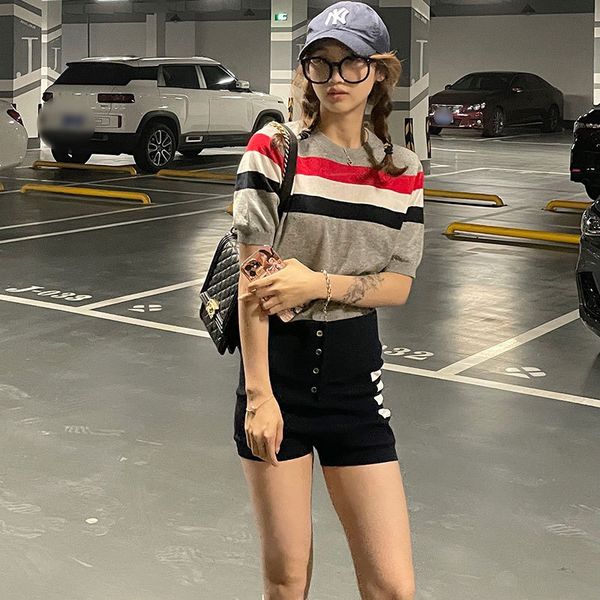 21 summer wide strip tricolor short sleeve, White
21 summer wide strip tricolor short sleeve, White