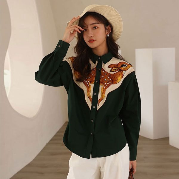 women's two piece pants deer embroidered long sleeve shirt vintage button up collar dark green for women designers and blouse, White
women's two piece pants deer embroidered long sleeve shirt vintage button up collar dark green for women designers and blouse, White