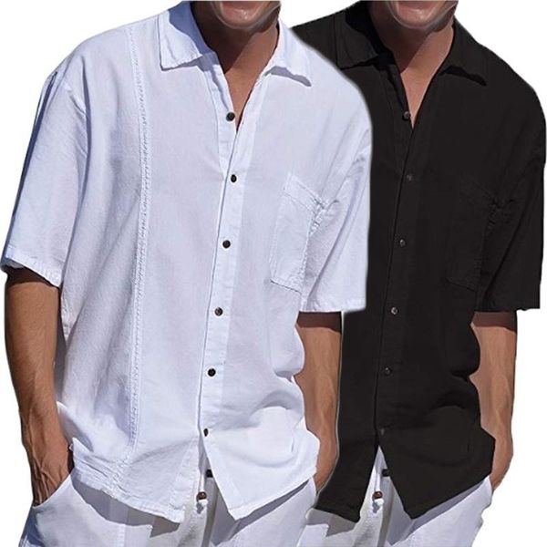 men's casual shirts linen short sleeve summer solid loose dress soft tee white/black nkrb