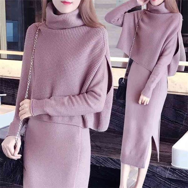 winter two pieces women sweater elegant turtleneck cape long cloak sleeve cashmere split bodycon knitting dress 210514, Black;gray
winter two pieces women sweater elegant turtleneck cape long cloak sleeve cashmere split bodycon knitting dress 210514, Black;gray