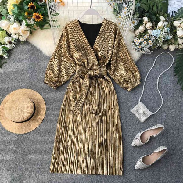 dresses spring autumn women vintage high waist long sleeve v-neck gold pleated es elegant a-line party vestidos, Black;gray 
dresses spring autumn women vintage high waist long sleeve v-neck gold pleated es elegant a-line party vestidos, Black;gray