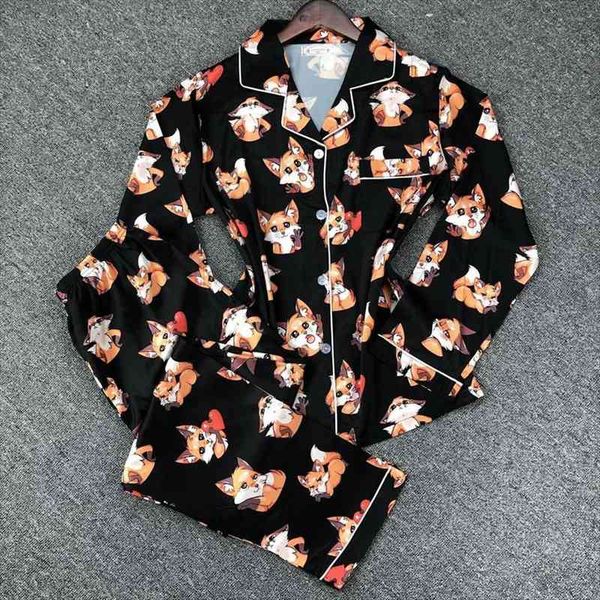 2 pcs silk set womens sleepwears print cartoons cardigan lapel pajamas long sleeved trousers lounge wear homewear pijamas women summer, Black;red
2 pcs silk set womens sleepwears print cartoons cardigan lapel pajamas long sleeved trousers lounge wear homewear pijamas women summer, Black;red