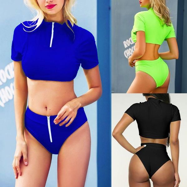 women's swimwear women two-piece bikini set push up padded short sleeve crop sport swimsuit high waist zipper 2021 biquini, White;black
women's swimwear women two-piece bikini set push up padded short sleeve crop sport swimsuit high waist zipper 2021 biquini, White;black