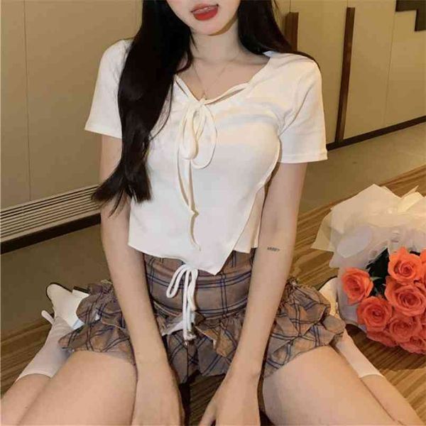 t-shirt women's ins white short tie irregular design niche short-sleeved shirt summer style 210529
t-shirt women's ins white short tie irregular design niche short-sleeved shirt summer style 210529