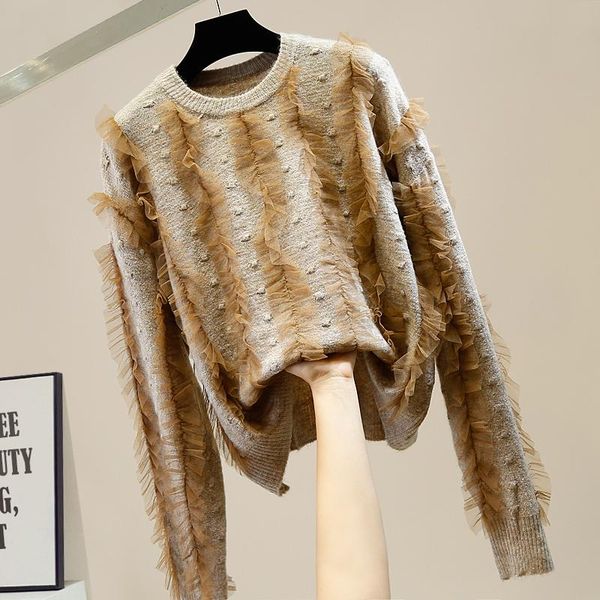 women's sweaters sweet pleated mesh wooden ear stitching round neck knit pullovers shirt 2021 loose all-match winter womens, White;black
women's sweaters sweet pleated mesh wooden ear stitching round neck knit pullovers shirt 2021 loose all-match winter womens, White;black