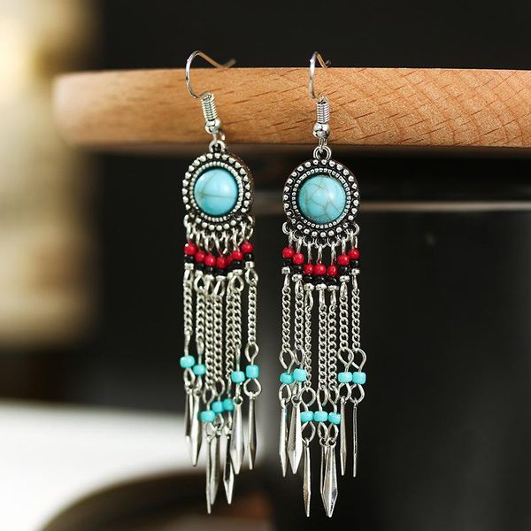 hoop & huggie creative long-style chain vintage tassel turquoise earrings women's fashion imitation rice bead national style, Golden;silver
hoop & huggie creative long-style chain vintage tassel turquoise earrings women's fashion imitation rice bead national style, Golden;silver