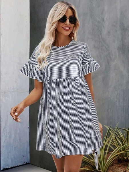 striped print flounce sleeve smock dress 24hm#, Black;gray