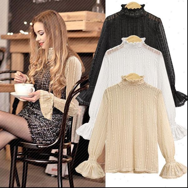 high necked womens blouses lace half gauze inside the ride bottoming shirt female long sleeved big yards style trumpet sleeves, White
high necked womens blouses lace half gauze inside the ride bottoming shirt female long sleeved big yards style trumpet sleeves, White