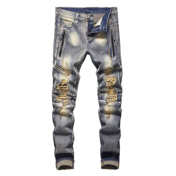 men's jeans vintage ripped biker streetwear holes patchwork slim straight pants stretch denim zipper trousers, Blue
men's jeans vintage ripped biker streetwear holes patchwork slim straight pants stretch denim zipper trousers, Blue