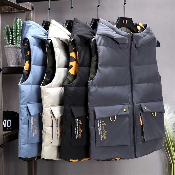 winter camouflage vest men both side wear thicken warm cotton-padded hooded solid color big pockets waistcoat 4xl 5xl 6xl 211108, Black;white
winter camouflage vest men both side wear thicken warm cotton-padded hooded solid color big pockets waistcoat 4xl 5xl 6xl 211108, Black;white