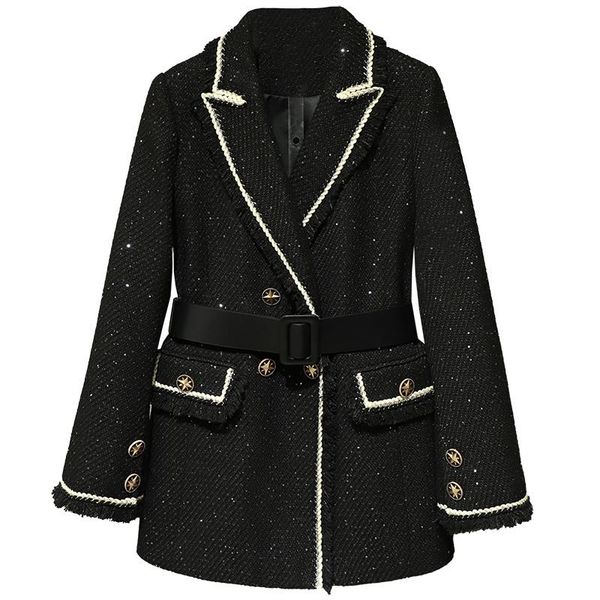 women's suits & blazers 2022 autumn luxury women patchwork tweed slim jacket coat for female black outerwear, White;black