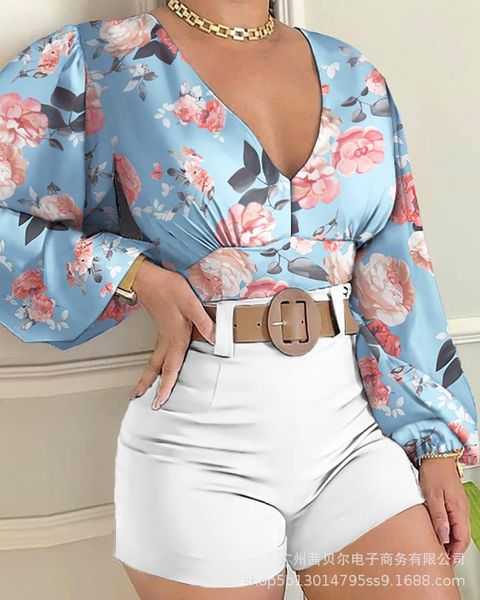women's tracksuits women clothes set full sleeve v neck floral + high waist shorts printed casual suit clothing, Gray
women's tracksuits women clothes set full sleeve v neck floral + high waist shorts printed casual suit clothing, Gray