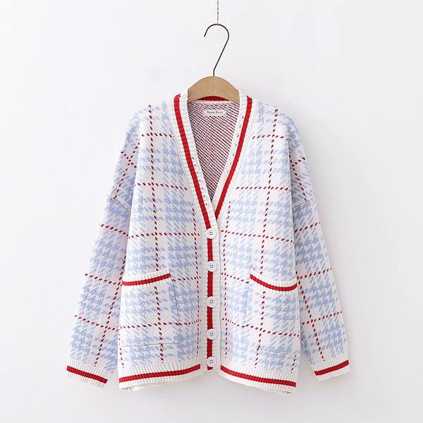 women pink blue houndstooth v neck single breasted button knitted loose sweater cardigans m0011 210514, White
women pink blue houndstooth v neck single breasted button knitted loose sweater cardigans m0011 210514, White