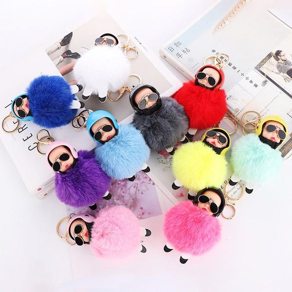 keychains 1 pcs cute sleeping baby bowtie fluffy pompom fur plush doll keychain keyring key ring women girls bag pendant, Silver 
keychains 1 pcs cute sleeping baby bowtie fluffy pompom fur plush doll keychain keyring key ring women girls bag pendant, Silver