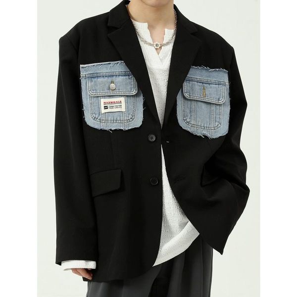 men's suits & blazers denim patchwork double pockets casual suit jackcet for men 2021 autumn korean trend loose black blazer, White;black
men's suits & blazers denim patchwork double pockets casual suit jackcet for men 2021 autumn korean trend loose black blazer, White;black
