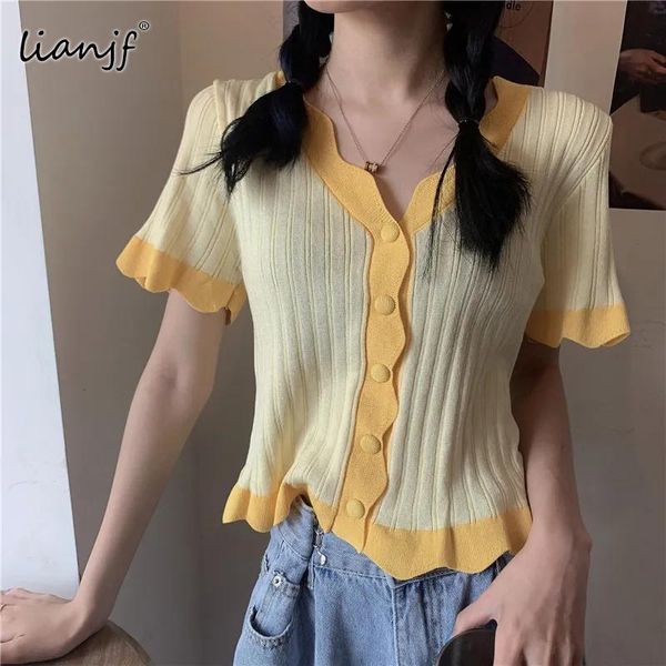 women's knits & tees short sleeve t-shirts women v-neck knitted patchwork ruffles slim sweet korean streetwears summer single-breasted, White
women's knits & tees short sleeve t-shirts women v-neck knitted patchwork ruffles slim sweet korean streetwears summer single-breasted, White