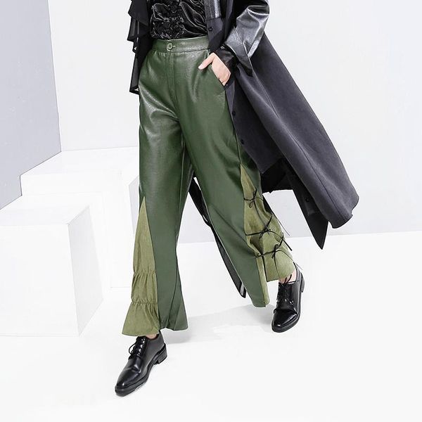women's pants & capris brand green elastic high waist pu leather pleated long wide leg loose fashion women spring autumn 2021, Black;white
women's pants & capris brand green elastic high waist pu leather pleated long wide leg loose fashion women spring autumn 2021, Black;white