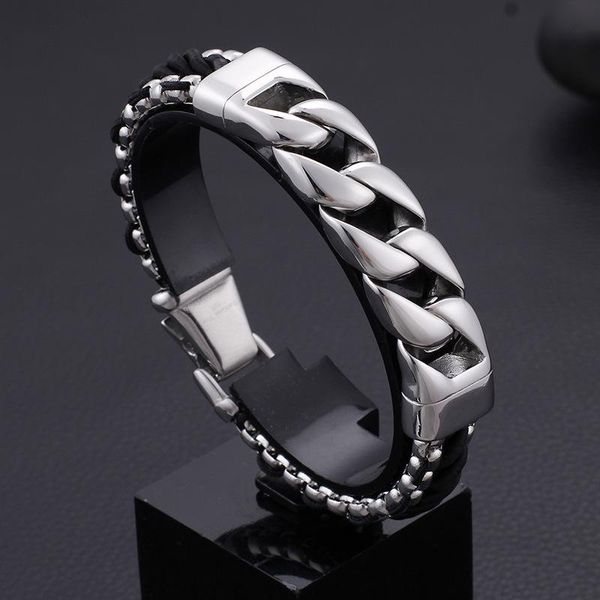 polished silver stainless steel curb cuban men 15mm wide braided leather bangle male cool biker jewelry link chain, Black
polished silver stainless steel curb cuban men 15mm wide braided leather bangle male cool biker jewelry link chain, Black