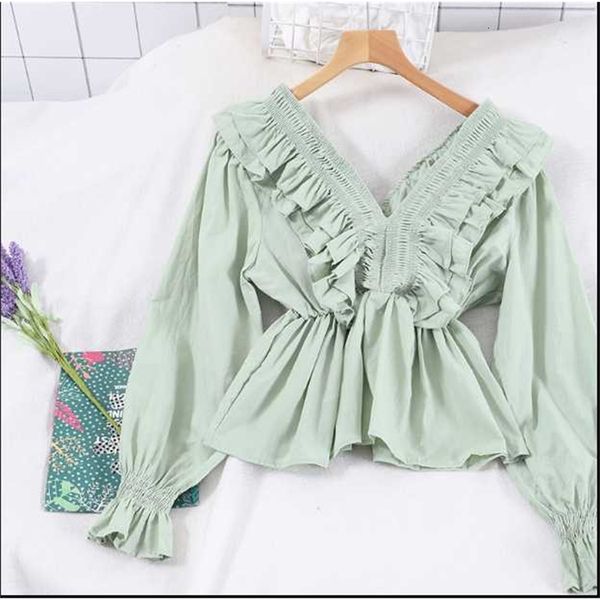 women's & shirts spring summer flounced v-neck long sleeve shirt women solid color slim blouses ruffle blusas female femininas, White
women's & shirts spring summer flounced v-neck long sleeve shirt women solid color slim blouses ruffle blusas female femininas, White