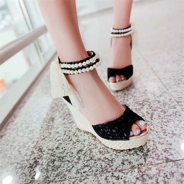 sweet princess lace wedge high heels sandals women shoes peep toe beads platform wedding bride apricot 34-43, Black
sweet princess lace wedge high heels sandals women shoes peep toe beads platform wedding bride apricot 34-43, Black