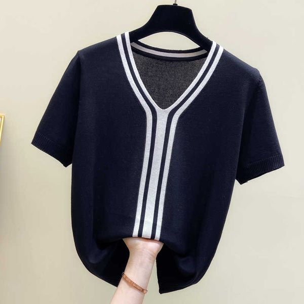 4xl large size summer ice silk kintting t-shirt short sleeve v neck loose casual women sweater pullover jumper 210604, White;black
4xl large size summer ice silk kintting t-shirt short sleeve v neck loose casual women sweater pullover jumper 210604, White;black