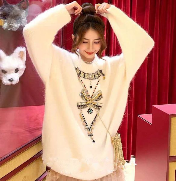 sweaters ladies knitted heavy industry diamond-studded hand-beaded soft big sweater women's pullover mid-length casual knit, White;black
sweaters ladies knitted heavy industry diamond-studded hand-beaded soft big sweater women's pullover mid-length casual knit, White;black