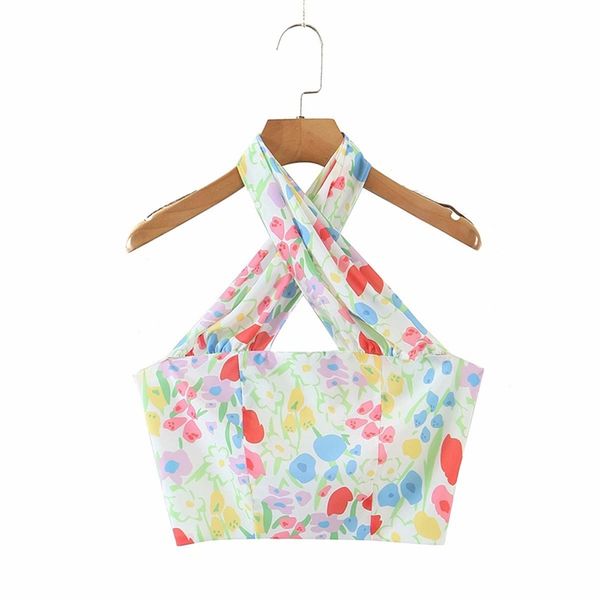women multicolor floral print chiffon halter backless summer crop 210514, White 
women multicolor floral print chiffon halter backless summer crop 210514, White