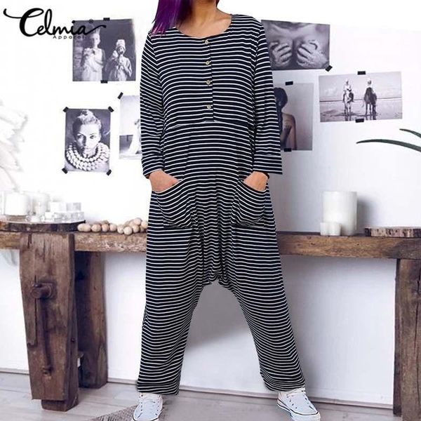 celmia women vintage striped jumpsuit 2021 autumn long sleeve harem pants romper casual overalls drop-crotch playsuit mujer women's jum, Black;white
celmia women vintage striped jumpsuit 2021 autumn long sleeve harem pants romper casual overalls drop-crotch playsuit mujer women's jum, Black;white