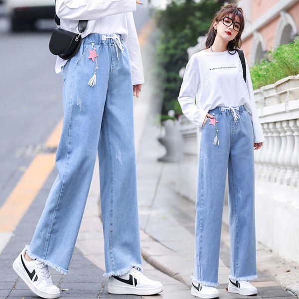 spring and summer girls' elastic waist junior high loose boys' wide leg pants with rough edges, Blue