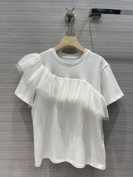 women fashion short-sleeved retro mesh ruffled t-shirt 0324 women's, White