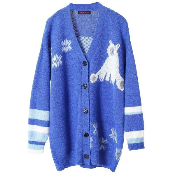 2021 runway oversize blue mid-length sweater cardigan coat jacket winter snowflake puppy pattern jacquard loose oversize clothes loe, White;black
2021 runway oversize blue mid-length sweater cardigan coat jacket winter snowflake puppy pattern jacquard loose oversize clothes loe, White;black