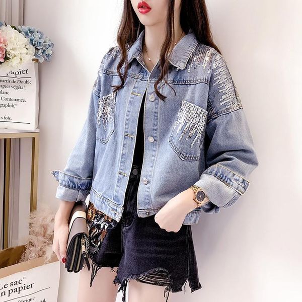 women's jackets washed loose big pocket heavy industry sequin tassel denim jacket spring 2021 korean ladies single-breasted jeans, Black;brown
women's jackets washed loose big pocket heavy industry sequin tassel denim jacket spring 2021 korean ladies single-breasted jeans, Black;brown