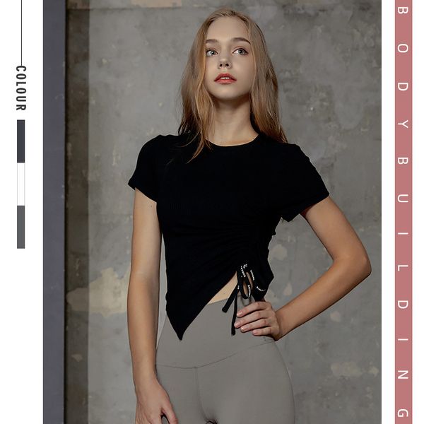 summer tassel lace up short sleeve yoga outdoor po leisure fitns suit stripe t-shirt, Gray