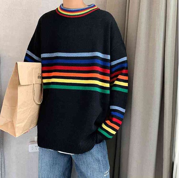 rainbow striped sweater korean autumn and winter loose knit men's sweaters, Black
rainbow striped sweater korean autumn and winter loose knit men's sweaters, Black