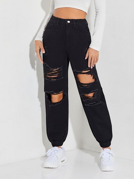 petite high waist ripped jogger jeans u5ji#, Blue