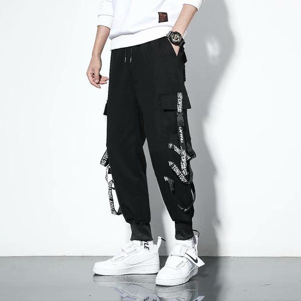 men's pants stylish men cargo hip hop style ribbons pockets decoration streetwear trousers summer loose drawstring sweatpants, Black
men's pants stylish men cargo hip hop style ribbons pockets decoration streetwear trousers summer loose drawstring sweatpants, Black