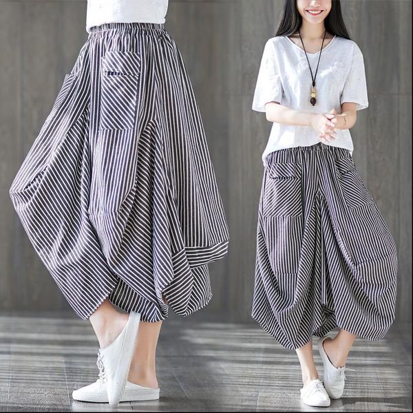 women pants plus size summer streetwear casual vintage cotton linen striped elastic waist wide leg harem trouse, Black;white
women pants plus size summer streetwear casual vintage cotton linen striped elastic waist wide leg harem trouse, Black;white