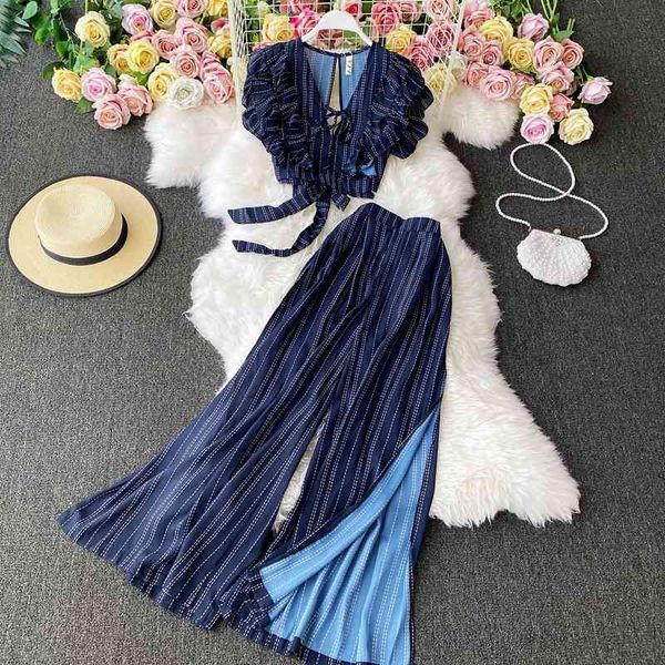 pants vintage blue striped two piece set women v-neck ruffle short + high waist split wide leg pants female suit new, White
pants vintage blue striped two piece set women v-neck ruffle short + high waist split wide leg pants female suit new, White